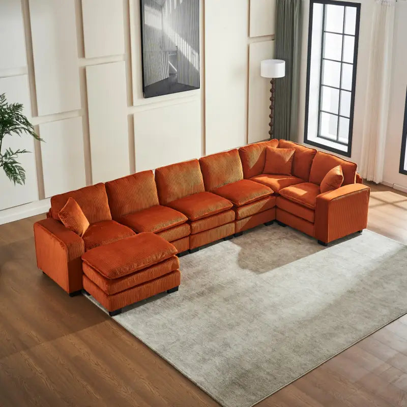 Orange Modern U Shaped Ottoman Corduroy sofa